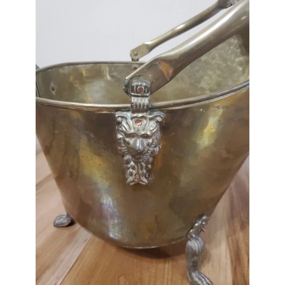 Vintage Brass Coal Scuttle‎ Bucket Lion Head Claw Feet Ceramic Handle
